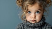 Adorable blonde toddler girl with blue eyes wearing cozy gray knit sweater against soft blue background for children fashion and lifestyle content.