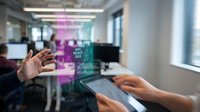 Business professional using augmented reality interface with holographic data visualization in modern office workspace for digital transformation.