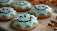 Homemade sugar cookies with mint green frosting decorated as smiling faces, topped with colorful sprinkles and candy dots on wooden surface. Fresh baked treats.