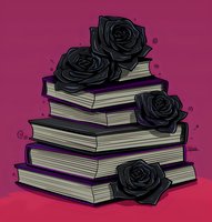 Stack of books with black roses on purple background, gothic literature concept. Vintage hardcover volumes arranged in pyramid with dark floral decorations.