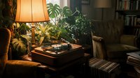 Cozy living room interior with vintage record player, houseplants, warm lamp lighting and comfortable seating creating atmospheric home decor ambiance.