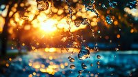 Magical water drops splashing in golden sunset light with bokeh effect and turquoise reflections creating dreamy atmospheric nature background.