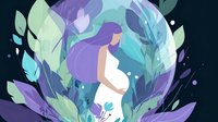 Pregnant woman in white dress surrounded by magical floral elements in purple and turquoise colors against moonlit background, artistic maternity illustration.