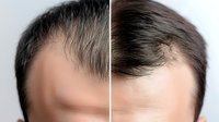 Male hair loss treatment before and after comparison showing dramatic hair restoration results with fuller hairline and increased density.