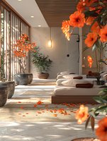 Tranquil spa interior with orange hibiscus flowers, cream-colored loungers, and natural sunlight creating a serene atmosphere for wellness and relaxation designs.