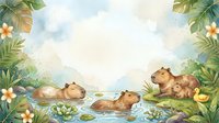 Watercolor capybara family relaxing by a tranquil pond with tropical leaves, flowers, and a duck, soft pastel background with copy space.
