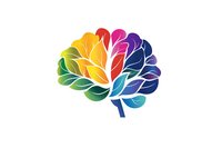 Colorful brain shaped as a tree with rainbow gradient leaves symbolizing creativity, mental health, and cognitive growth on white background.