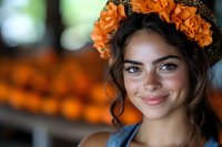 Young Hispanic woman wearing orange flower crown smiles warmly at camera. Dark curly hair frames her face with natural makeup and glowing skin in soft lighting.
