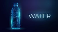 Futuristic neon blue water bottle with glowing wireframe design on dark gradient background. Digital technology concept for hydration and wellness campaigns.