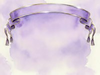 Watercolor purple ribbon banner with ornate metal frame and tassel details, isolated on white background for design, invitations, and decorative projects.
