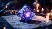 Glowing cosmic octahedron crystal with purple energy core floating over ancient map, magical sparkles and bokeh lights creating mystical atmosphere.