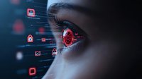 Digital red eye scanning technology with cyber security icons and data visualization elements reflecting in human eye against dark background.