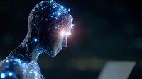 Glowing digital human silhouette with network connections and light points representing artificial intelligence and neural network technology in dark background.