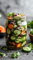 Fresh pickled vegetables in mason jar with cucumber slices, carrots, red onion and herbs in brine. Homemade fermented food for healthy eating.
