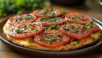 Fresh red tomato slices arranged on golden flatbread crust, garnished with aromatic herbs and seasonings, served on rustic ceramic plate for appetizer or light meal.