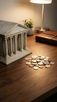 Miniature bank building with scattered coins on wooden desk representing financial savings, investment planning and money management concepts.