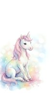 Cute watercolor unicorn with rainbow mane sitting on pastel clouds. Fantasy creature artwork for children's room decor, nursery wall art, and magical themed designs.