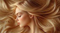 Young Caucasian woman with flowing blonde hair against neutral background, eyes closed, profile view showing natural makeup and serene expression. For beauty and fashion.
