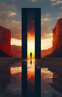 Mysterious silhouette stands before towering monolithic portal in desert canyon, dramatic sunset sky reflected in still water, creating surreal mirror effect.