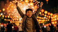 Happy young Asian boy celebrating with raised arms against festive bokeh lights background during evening outdoor event or festival celebration.