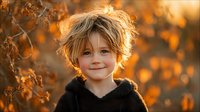 Young blonde child with tousled hair wearing dark hoodie smiling warmly in golden autumn sunlight with orange foliage background for family lifestyle content.