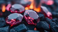 Red gemstones on dark volcanic rocks with glowing fire reflections creating dramatic luxury jewelry composition with mysterious atmosphere and deep shadows.