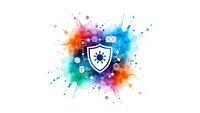 Cybersecurity shield protection concept with colorful paint splash explosion and digital icons on white background for technology presentations.