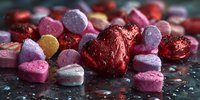Colorful Valentine's candy assortment with heart-shaped chocolates in red foil and pastel conversation hearts on dark background.