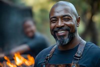 Mature African American male with gray beard wearing work apron, smiling outdoors near campfire. Suitable for lifestyle, outdoor activities, and professional portraits.