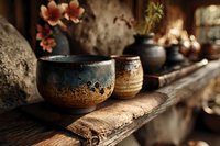 Handcrafted ceramic bowls with rustic glazed finish displayed on wooden shelf in artisan pottery studio workshop setting for home decor and crafting projects.