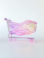 Translucent pink shopping cart with flowing liquid glass effect against light background, modern artistic retail concept for e-commerce and consumer trends.