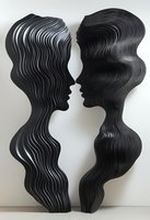 Abstract layered paper art showing two facing profiles in black, creating optical illusion of depth through multiple curved parallel lines against white background.