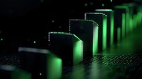 Futuristic green glowing domino effect with falling blocks on dark background showing chain reaction concept in technology and business progression.