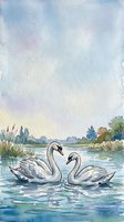Two white swans swimming together on a calm lake surrounded by reeds and trees in soft watercolor style, suitable for nature art prints and home decor.