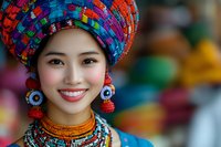 Young Asian woman wearing vibrant traditional colorful headdress with tassels and beaded necklace smiling at camera against blurred festive background.