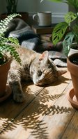 Ginger tabby cat sleeping peacefully on sunny wooden floor surrounded by potted ferns and monstera plants with cozy blanket in background.