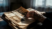 Elderly hands holding vintage sepia photographs on wooden table with warm sunlight streaming through window creating nostalgic atmosphere for memory preservation.
