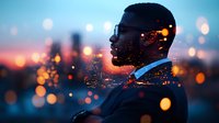 Double exposure portrait of African American businessman silhouette merged with illuminated city skyline at dusk, bokeh lights creating dreamy urban atmosphere.