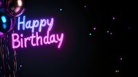 Glowing purple neon happy birthday sign with floating balloons against dark background creates festive atmosphere for celebration and party decoration.