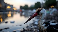Young white stork with distinctive red beak against blurred sunset marina background, close up portrait view showing detailed feathers and natural habitat.
