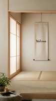Japanese minimalist room with tatami floor, shoji window, and hanging scroll with Welcome text, zen interior design concept.