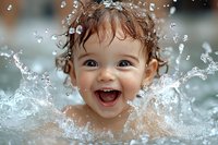 Joyful toddler splashing in water with droplets flying, showing pure happiness and excitement during bath time or pool play, captured in dynamic motion.