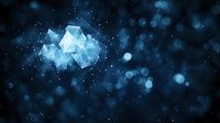 Glowing geometric crystal shapes float against dark blue bokeh background with sparkling particles, creating mystical atmospheric effect.
