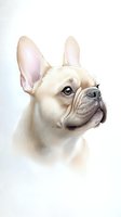 Cream French Bulldog portrait with expressive eyes and distinctive bat ears on white background, artistic digital painting style suitable for pet-themed designs.