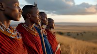 Young African Maasai men in traditional red shukas stand in line gazing at sunset over savanna landscape, wearing beaded jewelry necklaces and cultural attire during golden hour.