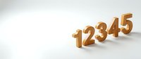 Golden wooden numbers 1 2 3 4 5 arranged in a row on a white background, casting soft shadows, counting sequence concept.