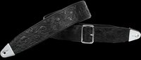Black embossed leather belt with ornate floral pattern and silver buckle, isolated on transparent background. Ready for e-commerce, product mockups, fashion design, print-on-demand, and digital retail applications.