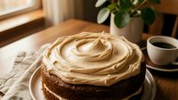 Homemade chocolate cake with creamy peanut butter frosting swirls, displayed on white plate with coffee cup and potted plant in warm kitchen setting.