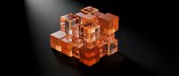 Orange transparent glass cubes arranged in geometric cluster formation on dark background for modern design projects and digital art applications.