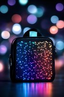 Stylish black lunchbox with cosmic galaxy pattern glowing against blurred bokeh background, reflecting vibrant neon colors of blue, purple and pink on dark surface.